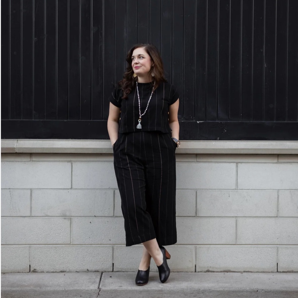 Liz Alig "Katie" Top & Pant set, handwoven black textile